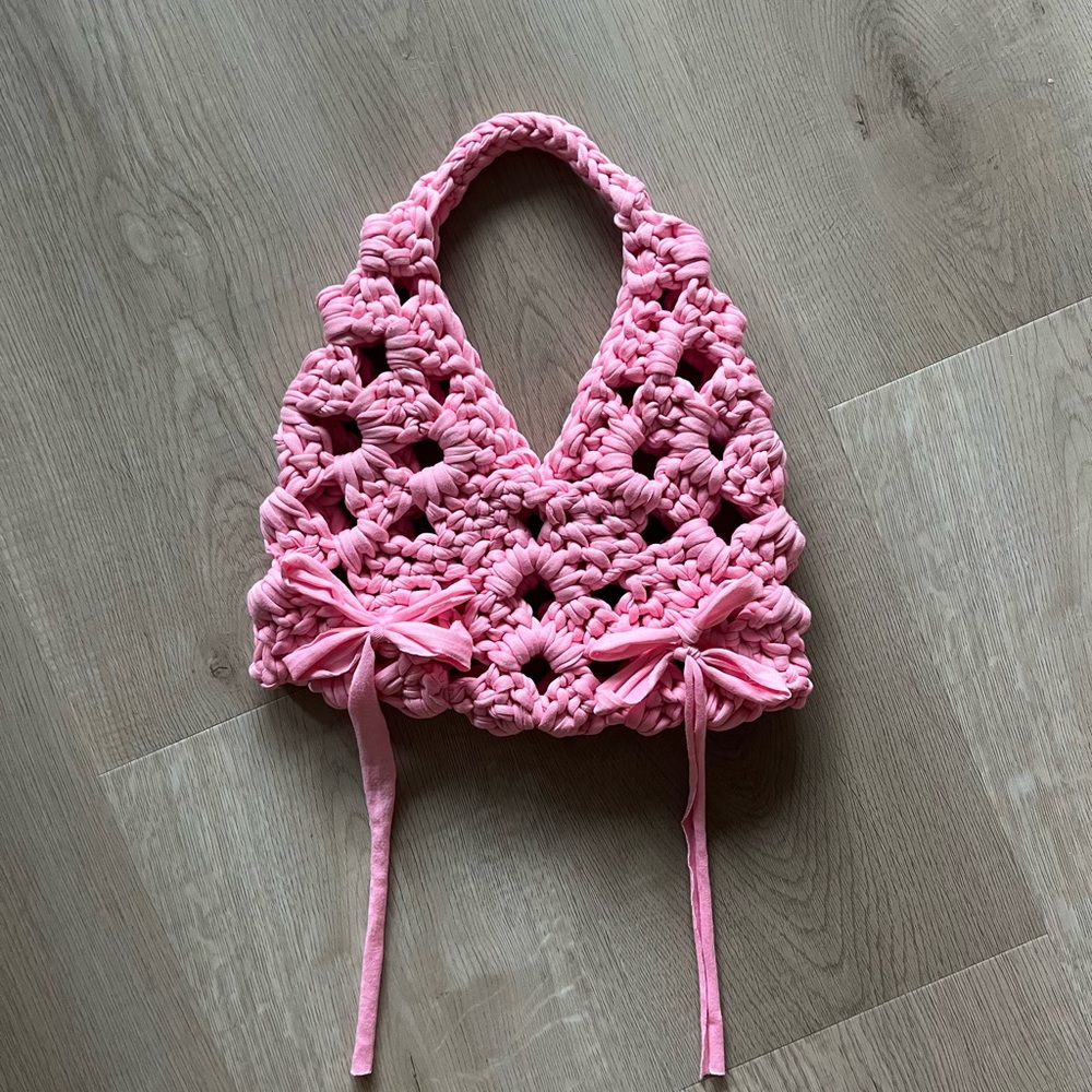 Chunky Crochet Satchel Shoulder Bag Pink